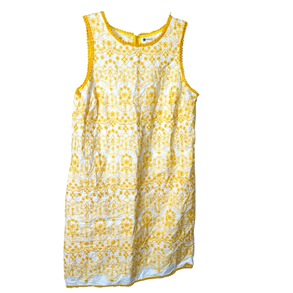 Chelsea & Violet Preppy Yellow Embroidered Shift Dress Summer Beach Coastal LG